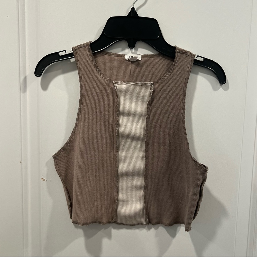 Garage Cropped Neutral Tan Cream Brown Colorblock Tank Top